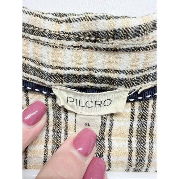 Pilcro Button Down Shirt Ruched Striped XL Cream Tan Women Lagenlook - Picture 4 of 10